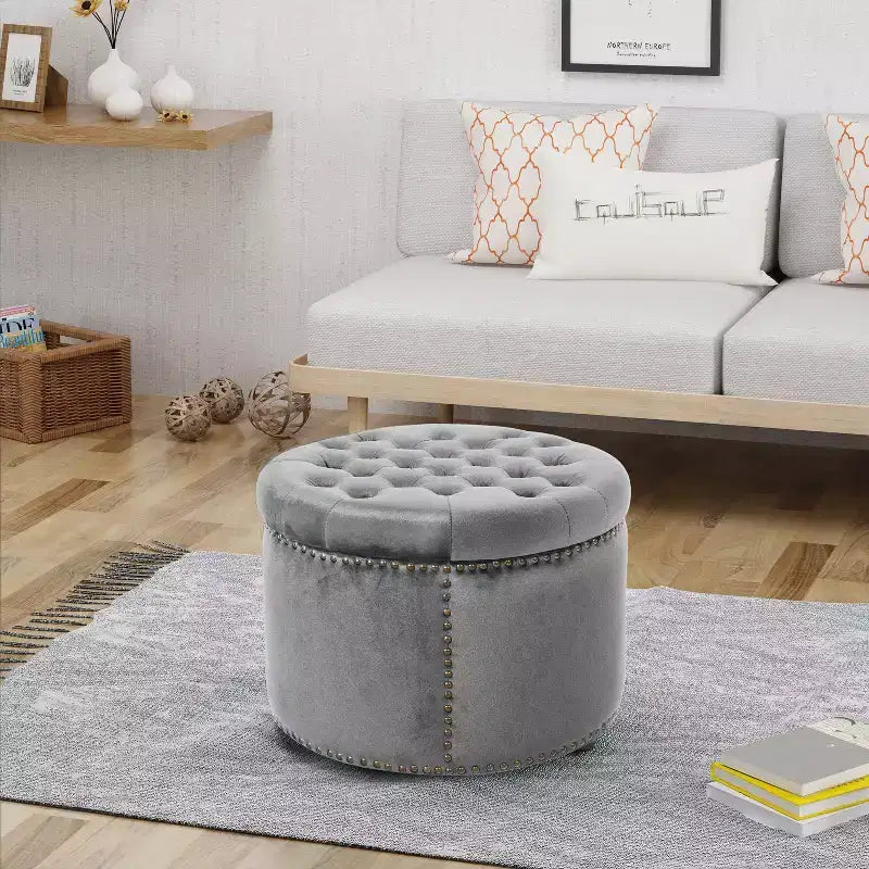 22" Round Velvet Ottoman Stool with Button Tufting and Nailhead Trim