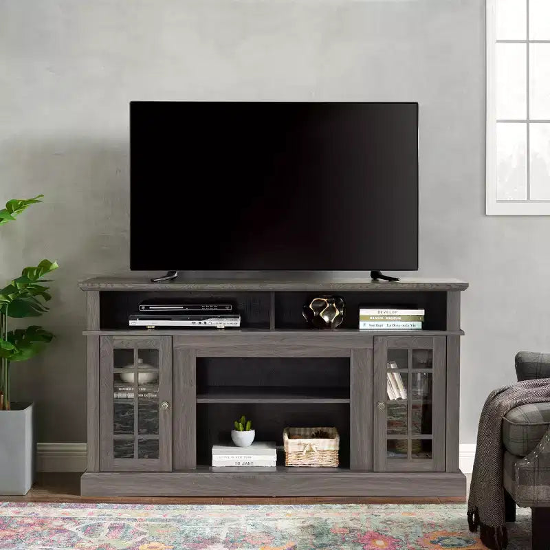 Tv Stand Modern Media Entertainment Center Console Table,with Closed Cabinets,Glass Door & Open Storage Shelves,for Living Room