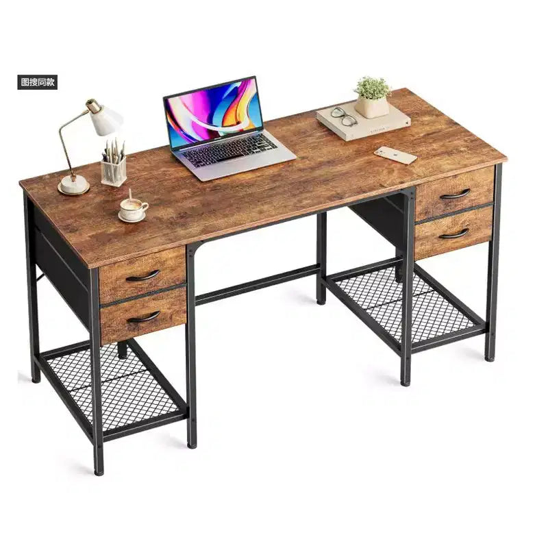 Okak Rust Wood Computer Desk with 4 Fabric Drawers & Mesh Shelves,Teens Student Storage Writing Desk for Study,Office