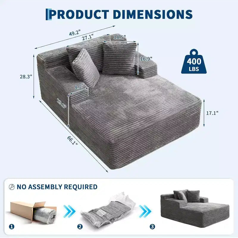 Oversized Corduroy Chaise Lounge Sofa Chair with Deep Seat for Living Room and Bedroom