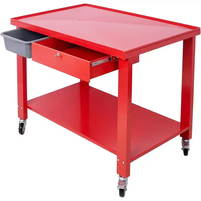 Transmission Dismantling Workstation - 1/2 Ton Capacity Steel Work Bench with Tilt Top, Drain Pan, and Locking Drawers (Red)