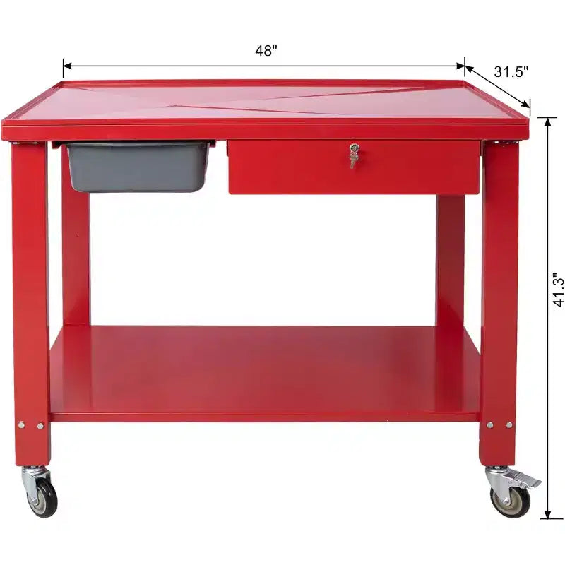 Steel Work Bench with Tilt Top, Drain Pan, and Locking Drawers (Red)