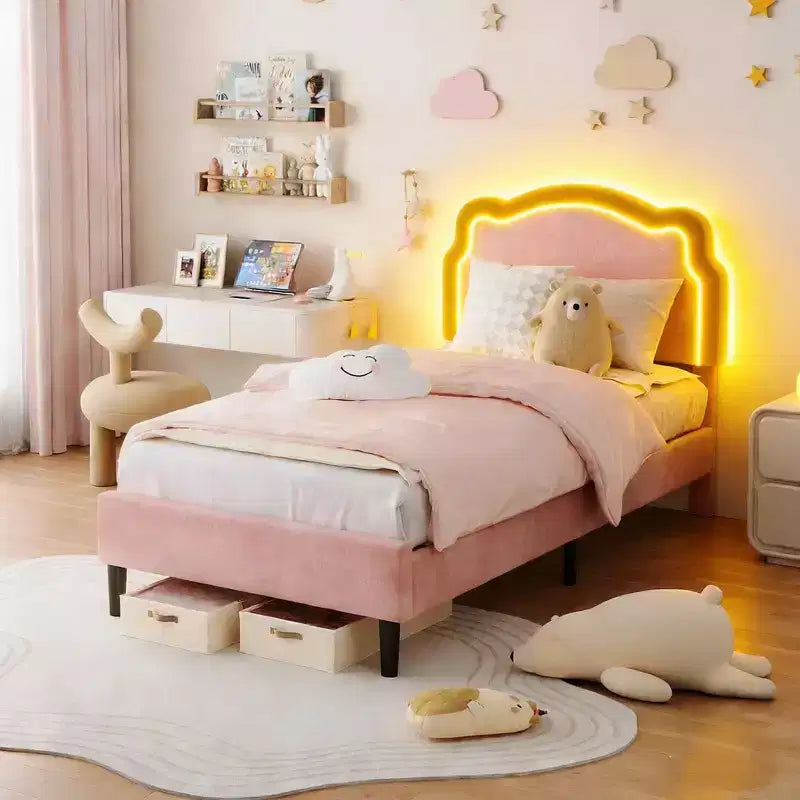 Twin Upholstered LED Bed Frame for Kids, Velvet Princess Platform Bed Frame with Headboard, Wooden Slats Support, No Box Spring Needed