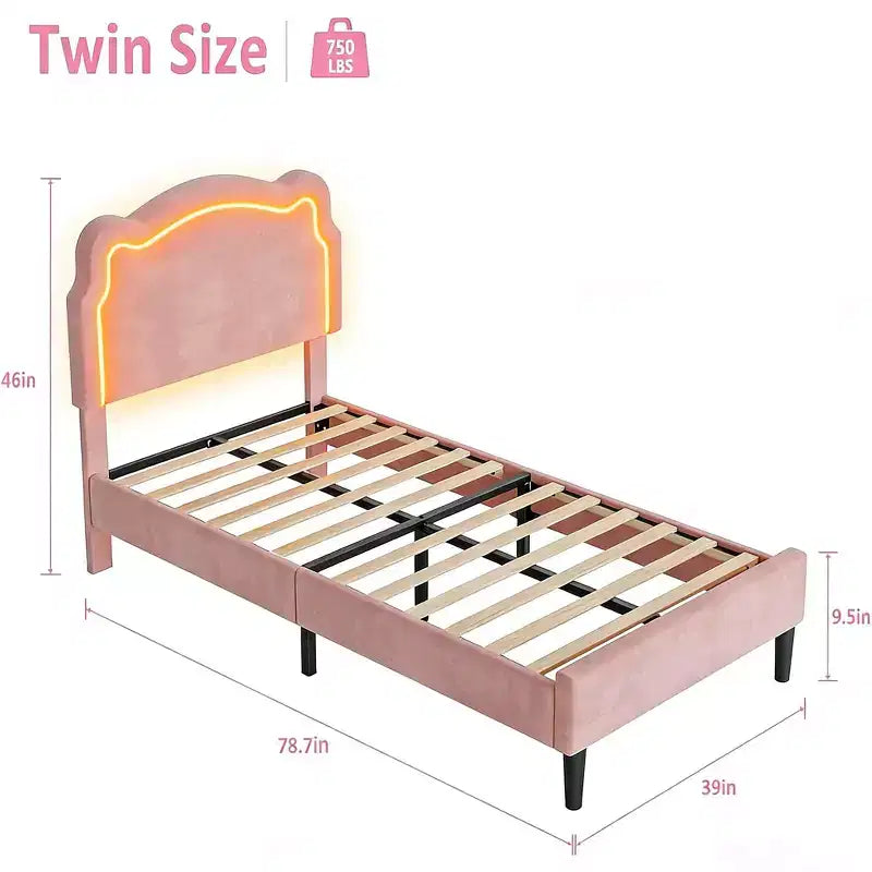 Twin Upholstered LED Bed Frame for Kids with Velvet Headboard and Wooden Slats