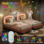 Twin Upholstered LED Bed Frame for Kids with Velvet Headboard and Wooden Slats