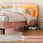 Twin Upholstered LED Bed Frame for Kids with Velvet Headboard and Wooden Slats