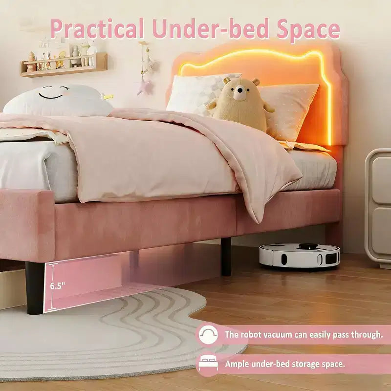 Twin Upholstered LED Bed Frame for Kids with Velvet Headboard and Wooden Slats