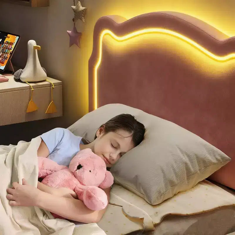 Twin Upholstered LED Bed Frame for Kids with Velvet Headboard and Wooden Slats