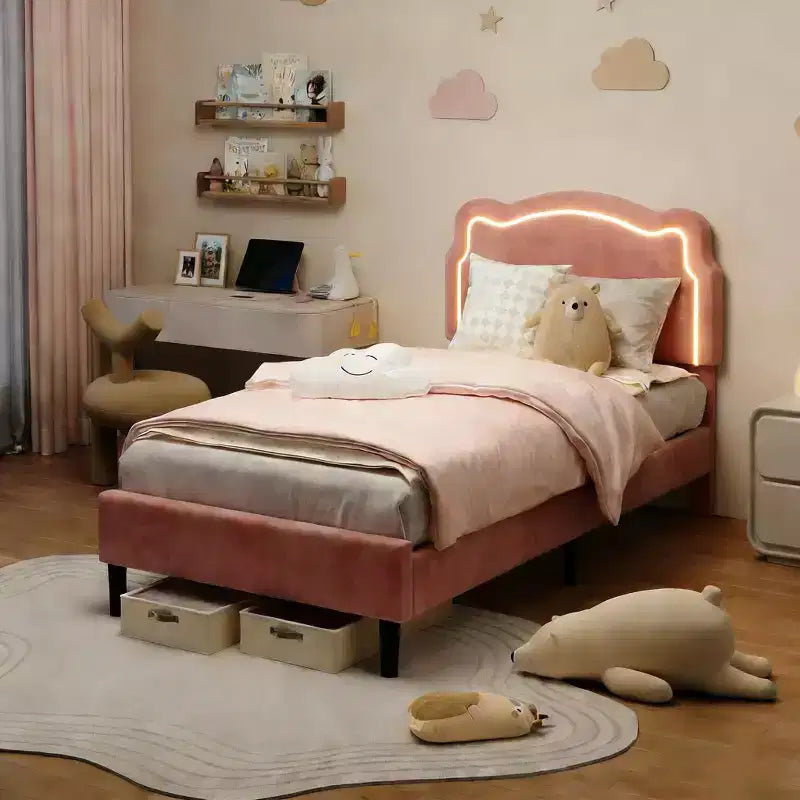 Twin Upholstered LED Bed Frame for Kids with Velvet Headboard and Wooden Slats