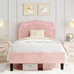 Twin Upholstered LED Bed Frame for Kids with Velvet Headboard and Wooden Slats