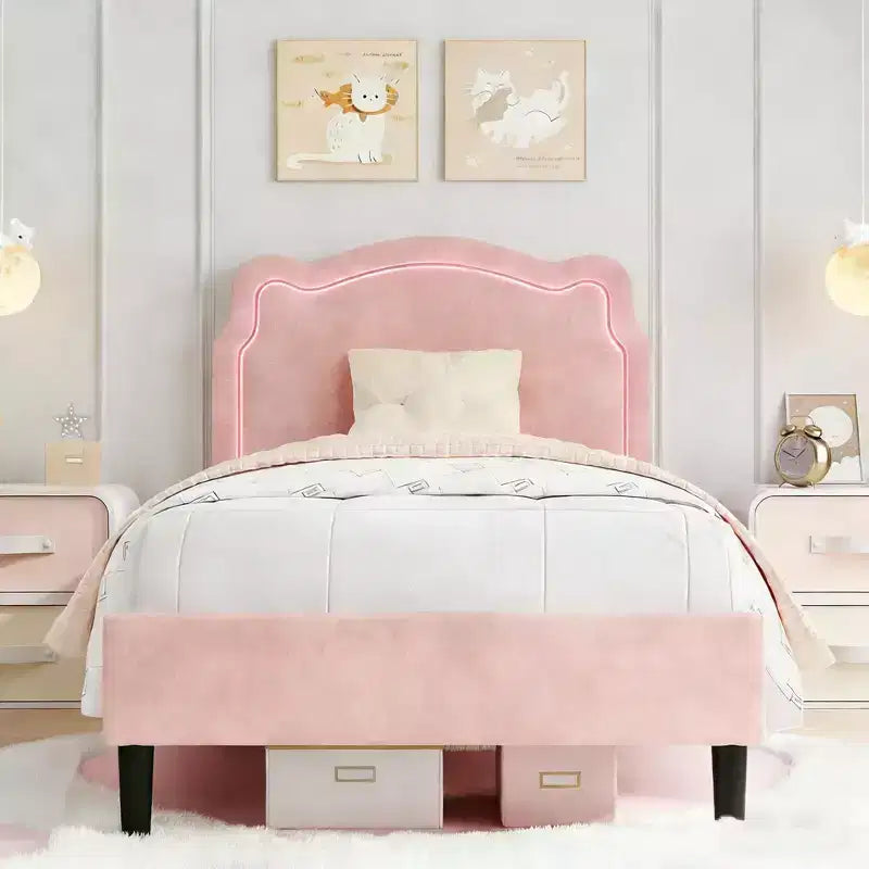 Twin Upholstered LED Bed Frame for Kids with Velvet Headboard and Wooden Slats