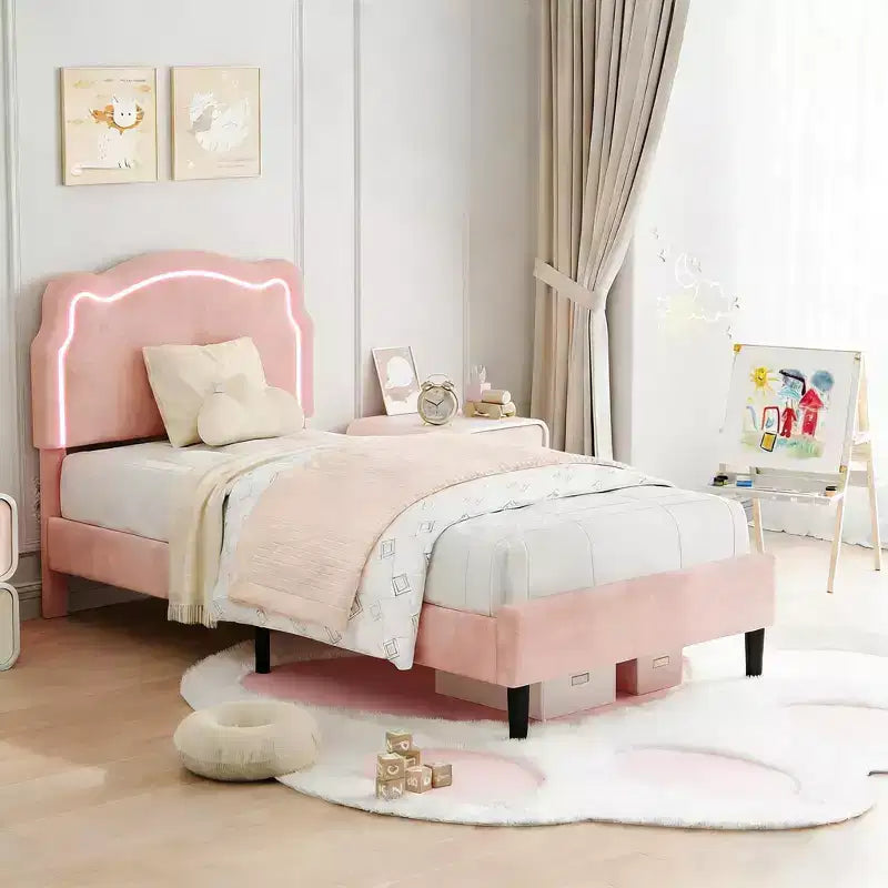 Twin Upholstered LED Bed Frame for Kids with Velvet Headboard and Wooden Slats