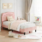 Twin Upholstered LED Bed Frame for Kids with Velvet Headboard and Wooden Slats