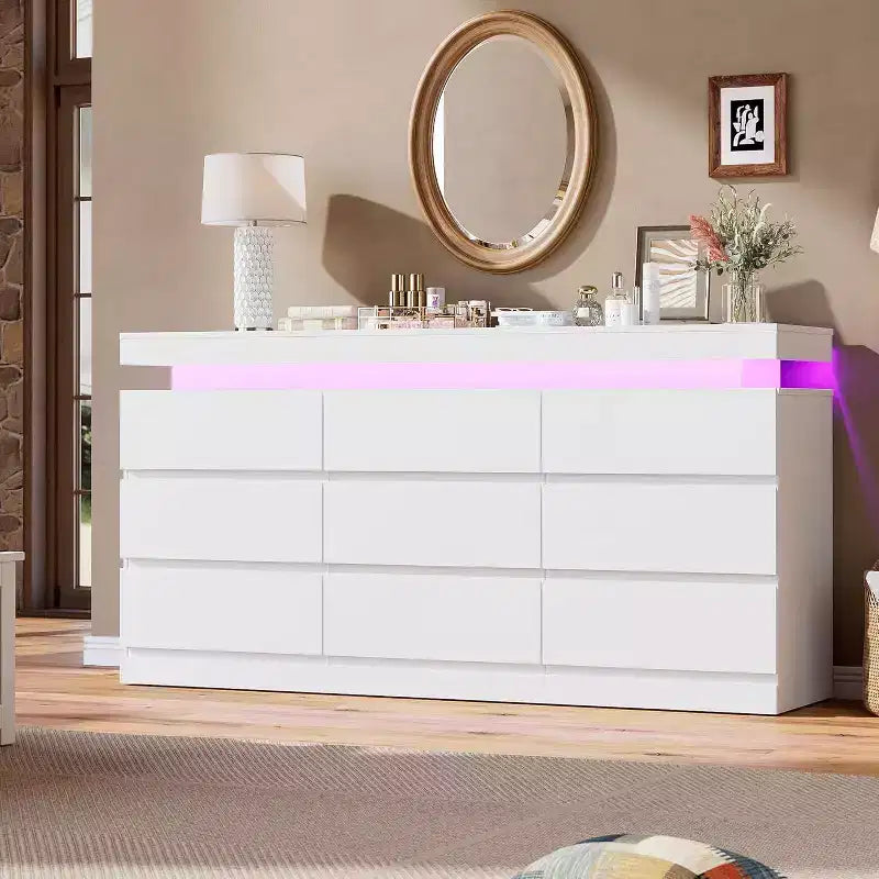 9-Drawer Dresser, 63" Wide Chest of Drawers with TV Stand Function