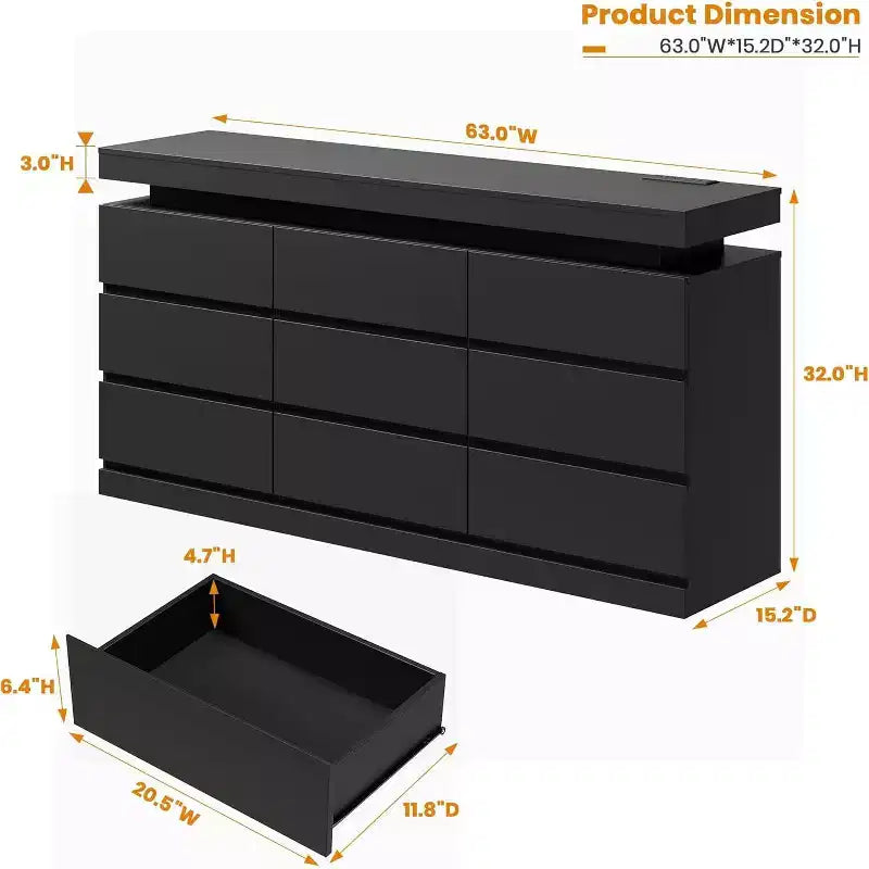 9-Drawer Dresser, 63" Wide Chest of Drawers with TV Stand Function