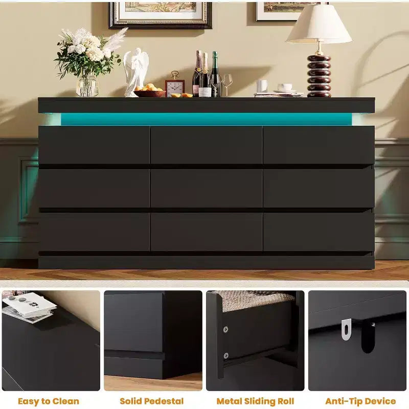 9-Drawer Dresser, 63" Wide Chest of Drawers with TV Stand Function
