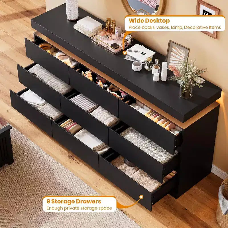9-Drawer Dresser, 63" Wide Chest of Drawers with TV Stand Function