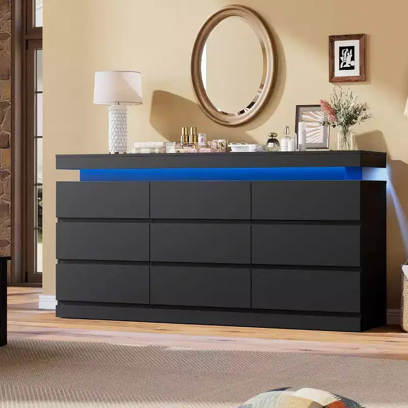 9-Drawer Dresser, 63" Wide Chest of Drawers with TV Stand Function