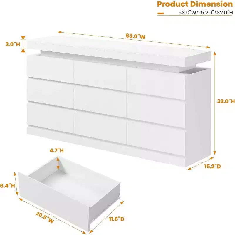9-Drawer Dresser, 63" Wide Chest of Drawers with TV Stand Function