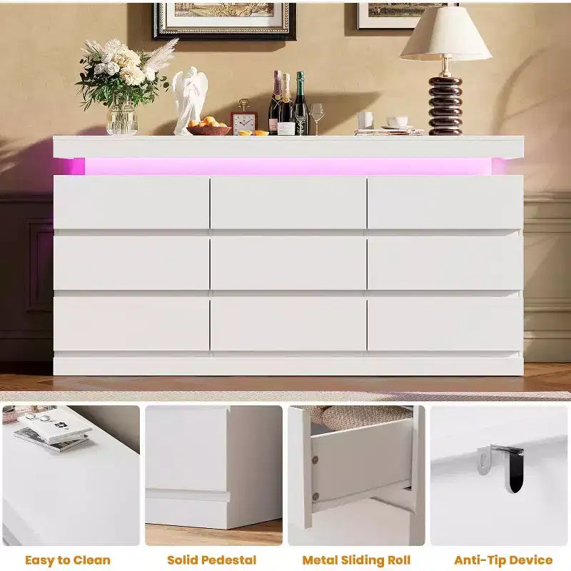 9-Drawer Dresser, 63" Wide Chest of Drawers with TV Stand Function