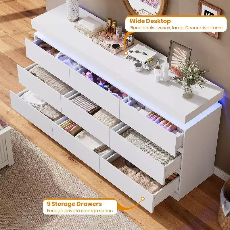 9-Drawer Dresser, 63" Wide Chest of Drawers with TV Stand Function