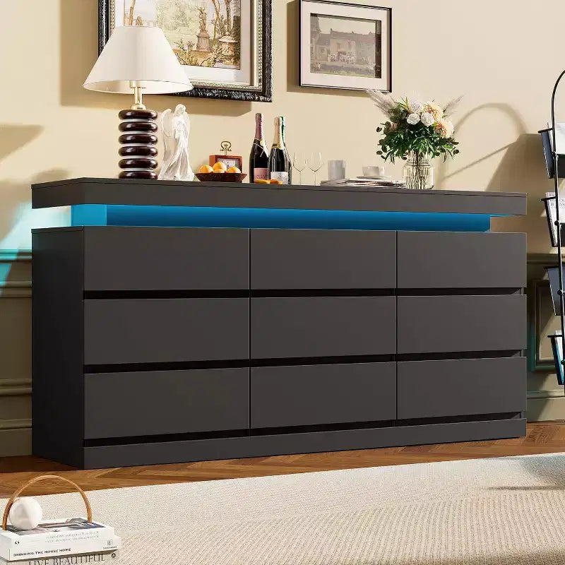 9 Drawer Dresser for Bedroom 63 Wide Chest of Drawers, Large TV Stand Multi-Function Home Organizer for Living Room, Entryway, Hallway