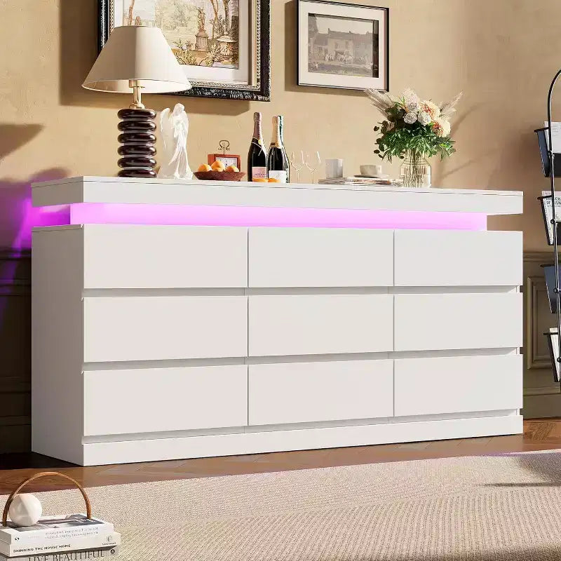 9-Drawer Dresser, 63" Wide Chest of Drawers with TV Stand Function