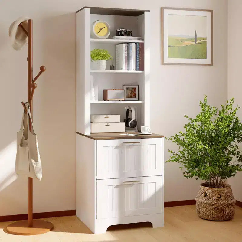 COZONY 72 Tall Bookcase with 2 File Drawers, Farmhouse Storage Cabinet with 2 Adjustable Shelves, Wooden Bookshelf for Living Room & Office