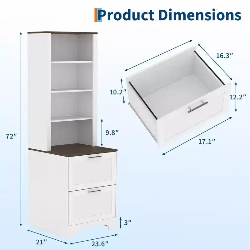 72-Inch Tall Bookcase with 2 File Drawers and Adjustable Shelves, Farmhouse Storage Cabinet