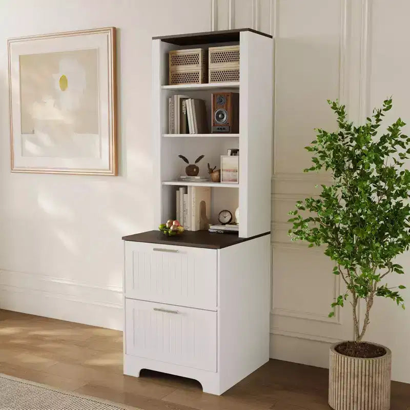 72-Inch Tall Bookcase with 2 File Drawers and Adjustable Shelves, Farmhouse Storage Cabinet