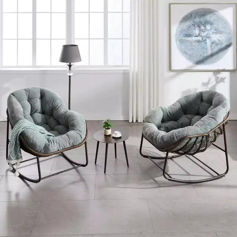 Modern Rattan Accent Rocking Chair with Padded Cushion and Steel Frame