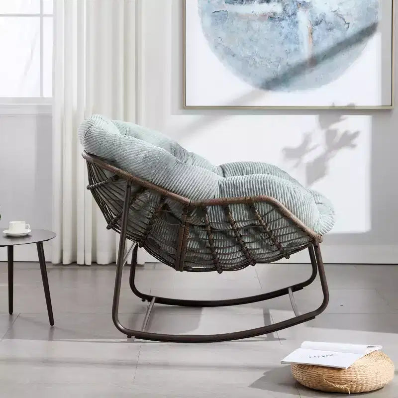 Modern Rattan Accent Rocking Chair with Padded Cushion and Steel Frame