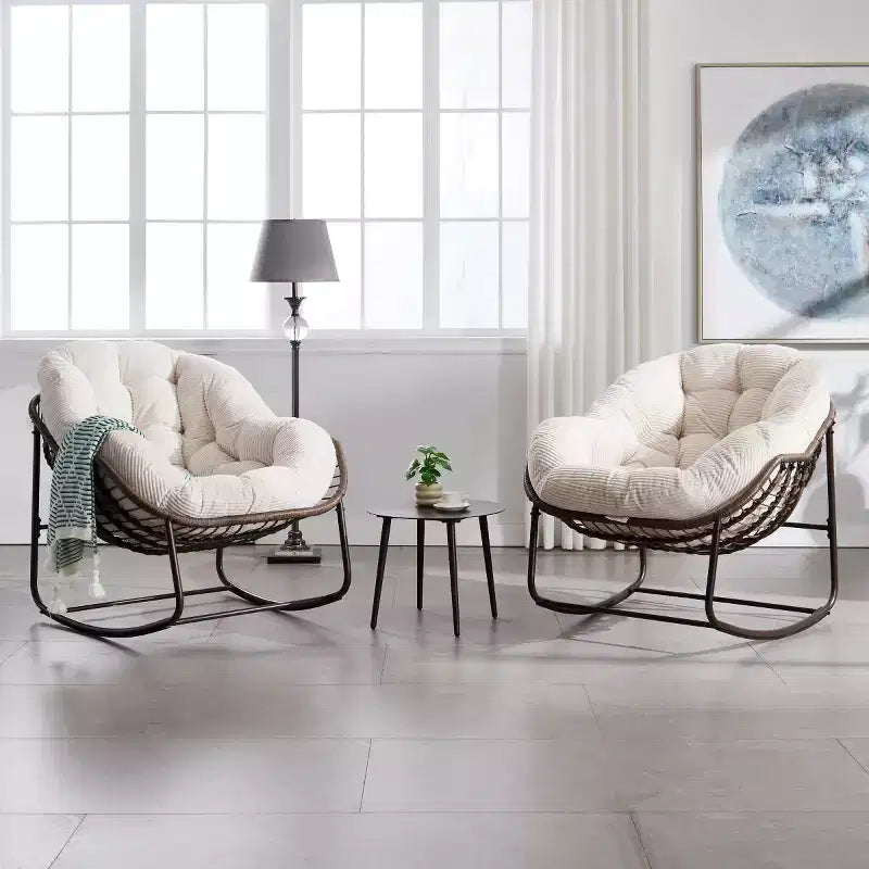 Modern Rattan Accent Rocking Chair with Padded Cushion and Steel Frame