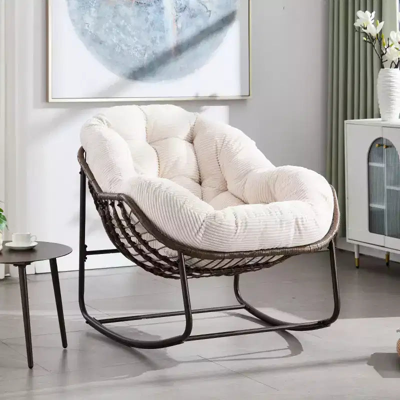 Modern Rattan Accent Rocking Chair with Padded Cushion and Steel Frame
