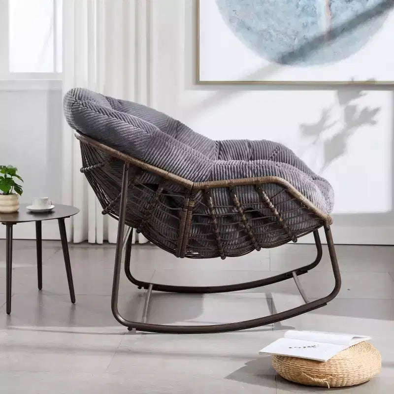 Modern Rattan Accent Rocking Chair with Padded Cushion and Steel Frame