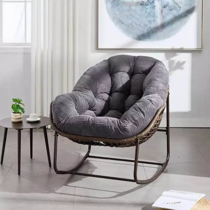 Modern Rattan Accent Rocking Chair with Padded Cushion, Steel Frame Oversized Rocking Chair for Living Room, Bedroom, or Apartment-Panipeachy