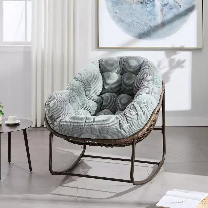 Modern Rattan Accent Rocking Chair with Padded Cushion and Steel Frame