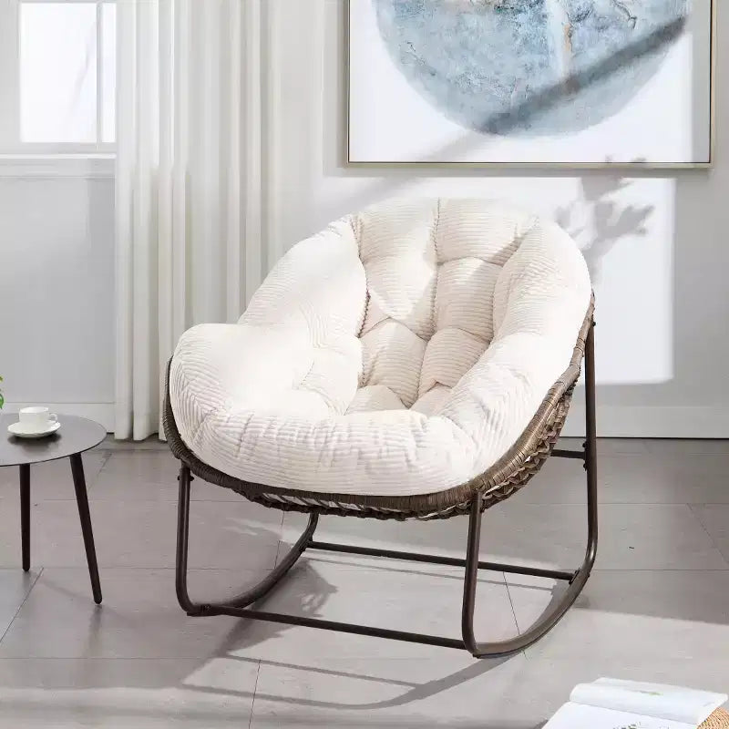 Modern Rattan Accent Rocking Chair with Padded Cushion and Steel Frame
