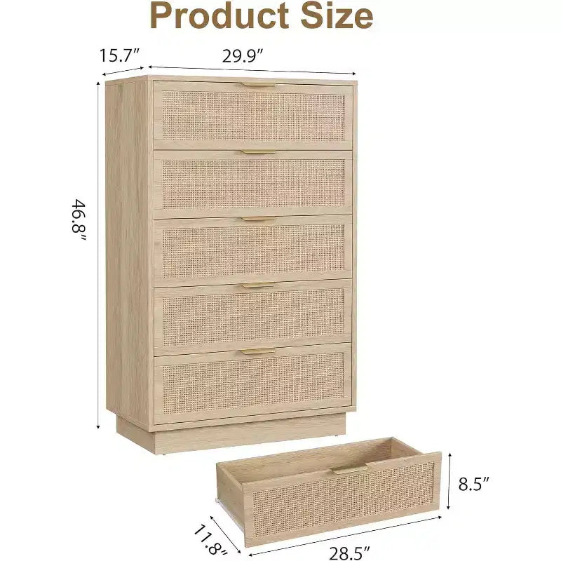 5-Drawer Rattan Dresser with Integrated Legs