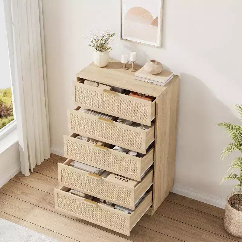 5-Drawer Rattan Dresser with Integrated Legs