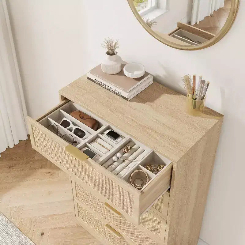 5-Drawer Rattan Dresser with Integrated Legs
