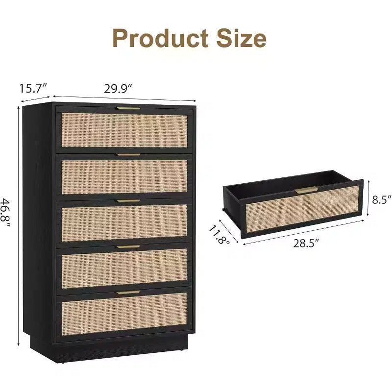 5-Drawer Rattan Dresser with Integrated Legs