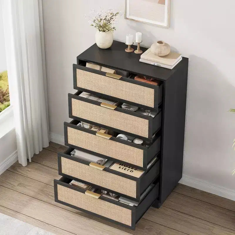 5-Drawer Rattan Dresser with Integrated Legs