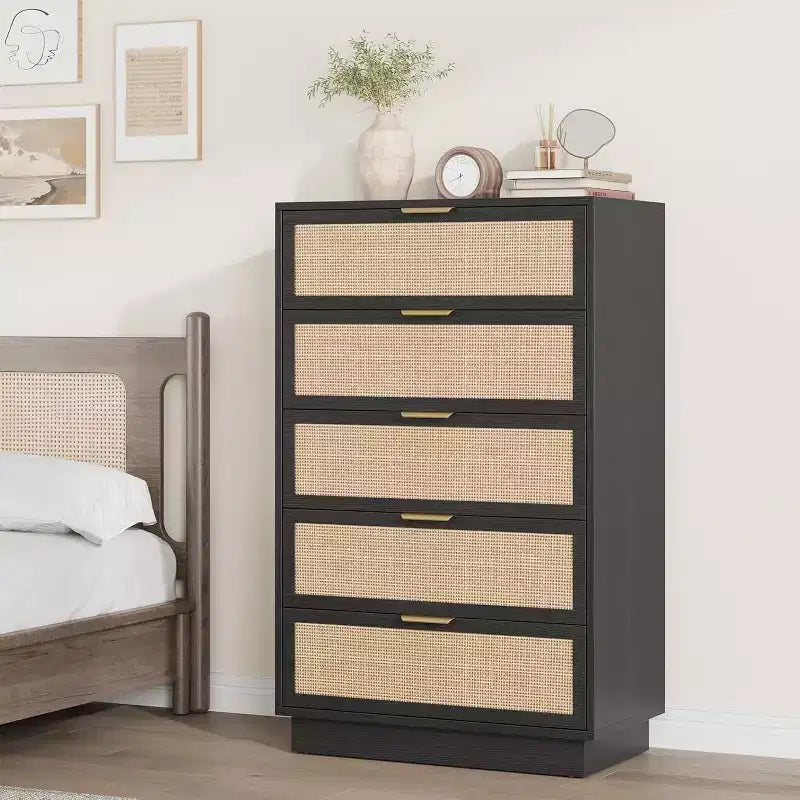 5-Drawer Rattan Dresser with Integrated Legs