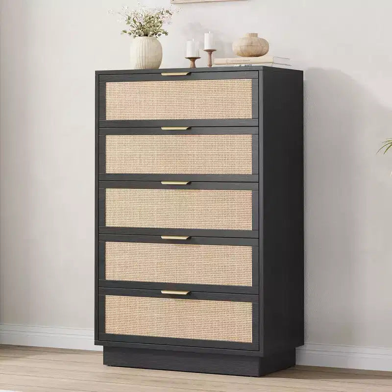 5 Drawer Rattan Dresser for Bedroom, Integrated Cabinet Body & Legs Design, Wooden Chest of Drawers for Hallways, Entryways and Closet, Easy Assembly