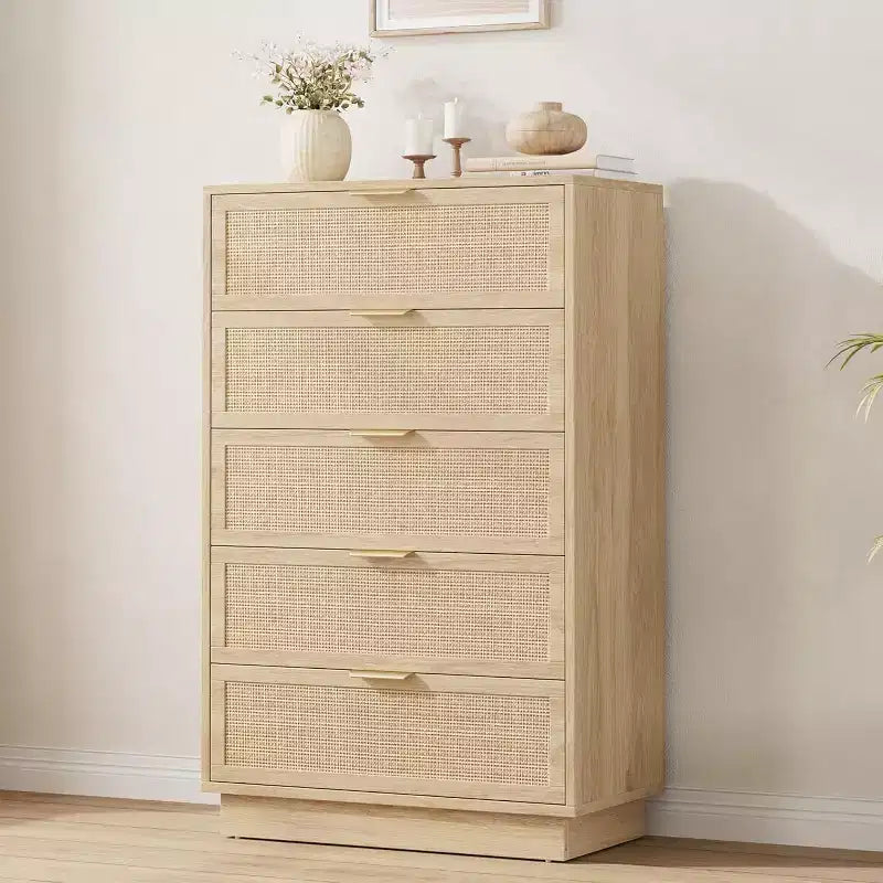 5-Drawer Rattan Dresser with Integrated Legs