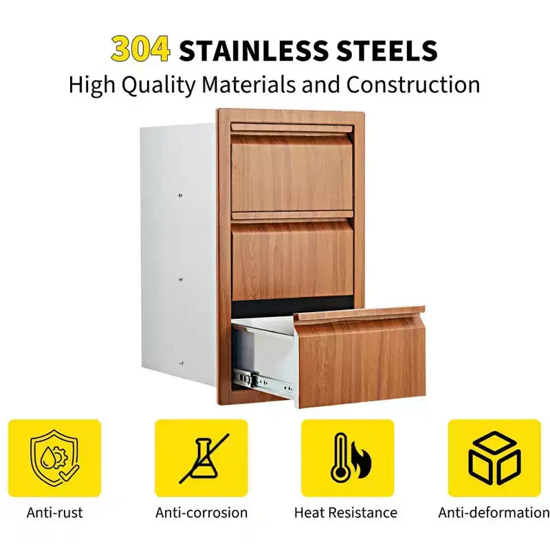 Stainless Steel Triple Drawer Unit, Flush Mount 14W for Outdoor Kitchen Island