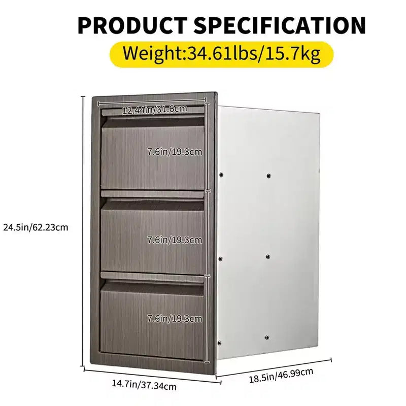 Stainless Steel Triple Drawer Unit, Flush Mount 14W for Outdoor Kitchen Island