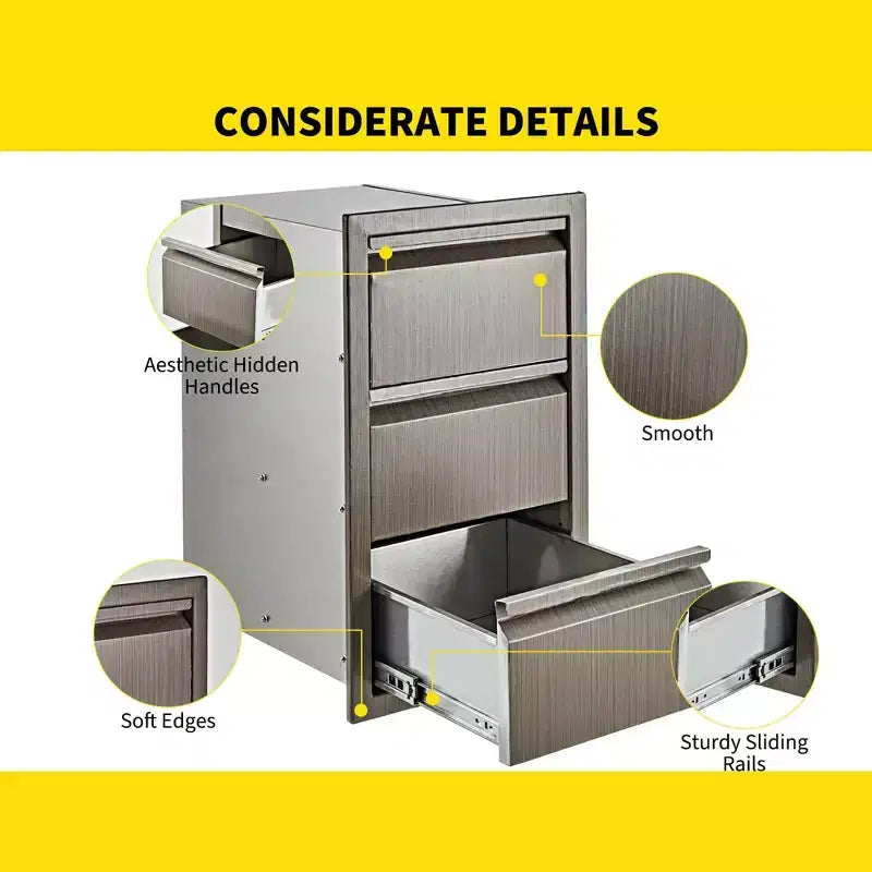 Stainless Steel Triple Drawer Unit, Flush Mount 14W for Outdoor Kitchen Island