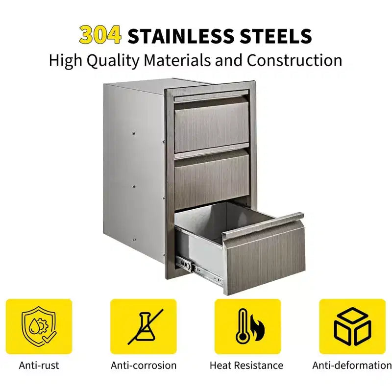 Stainless Steel Triple Drawer Unit, Flush Mount 14W for Outdoor Kitchen Island